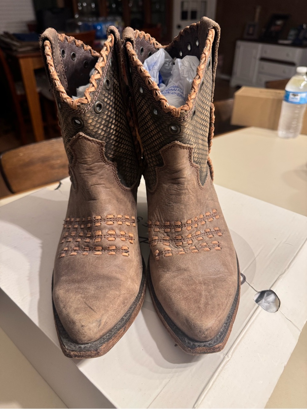 LIBERTY Black Brown Distressed Leather Western Ankle Booties